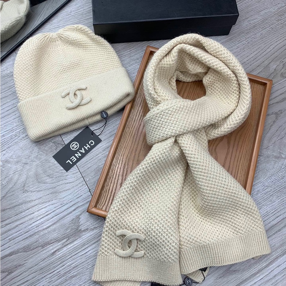 Chanel Cream Knit Beanie & Scarf Set